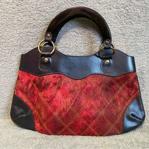 Vintage Leather Wood Top Handle Red Purse Mixed Media Quilting RARE
